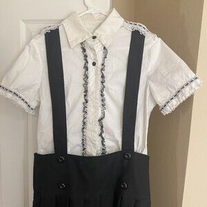 Black mini skirt with suspenders and epaulette shirt